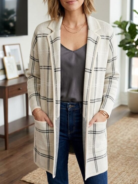 LOFT Sweaters - LOFT New Windowpane plaid sweater jacket blazer Cream/black Cotton cardigan L